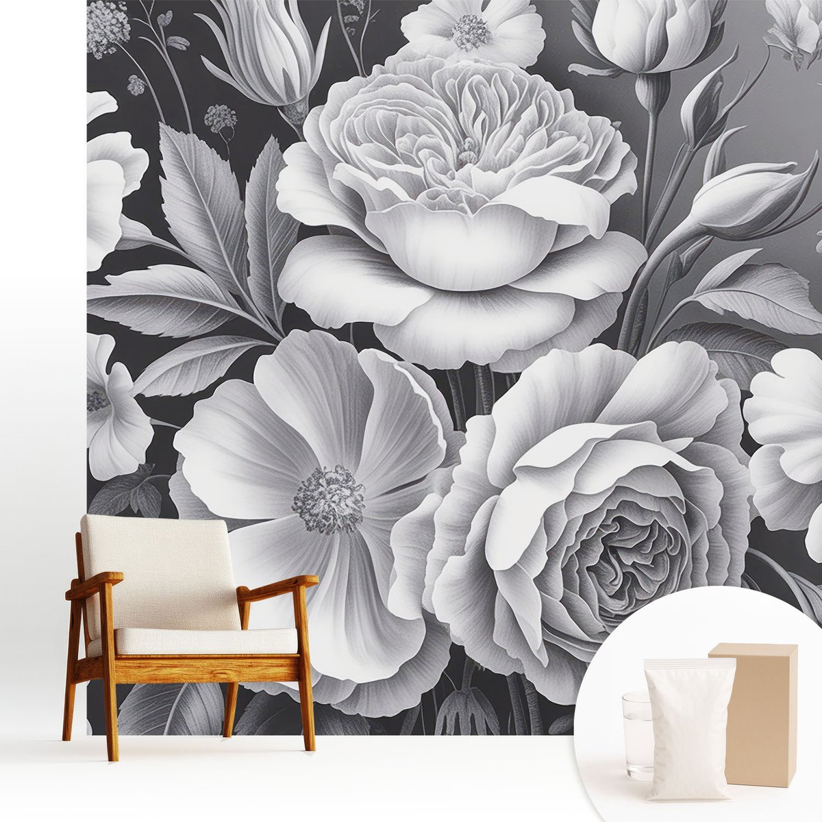 Wallfluent Fotobehang - Zwart Vliesbehang - 250x250 cm - Grijze Bloemen Fotobehang Vlies - Hal behang Bloemen En Planten - Muurschildering - Hal behang