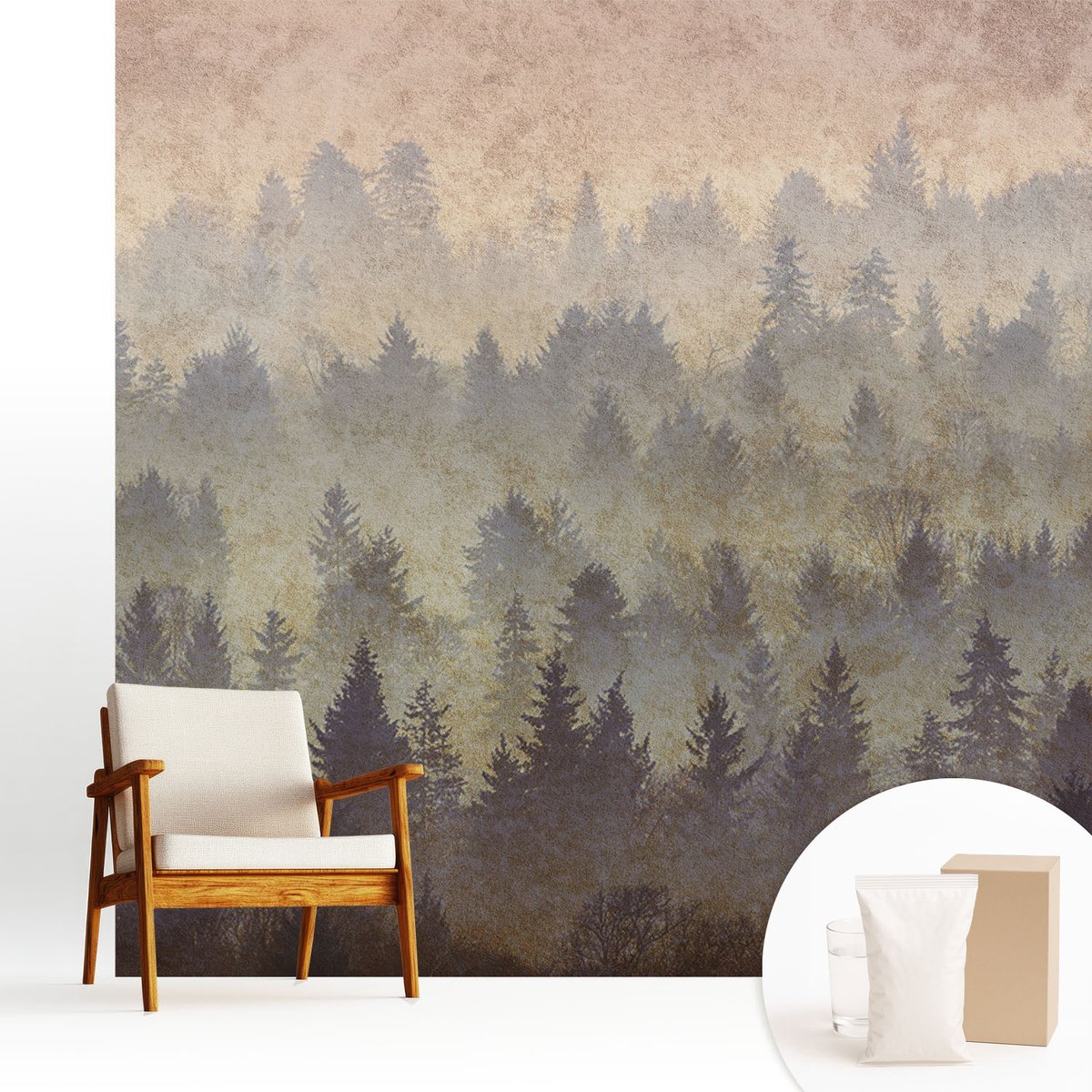 Wallfluent Fotobehang - Grijs Vliesbehang - 250x250 cm - Bosmist Muurschildering - Slaapkamer behang Landschappen - Fotobehang Vlies - Slaapkamer behang