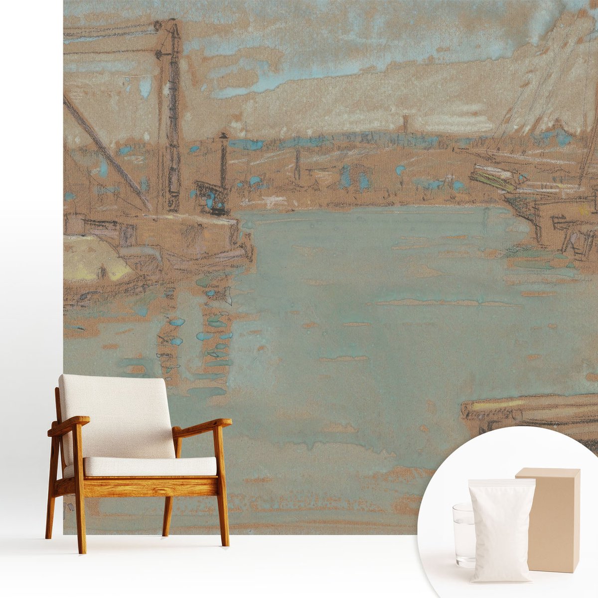 Wallfluent Fotobehang - Bruin Vliesbehang - 250x250 cm - Uitzicht Vanuit De Haven Fotobehang Vlies - Woonkamer behang Landschappen - Muurschildering - Woonkamer behang