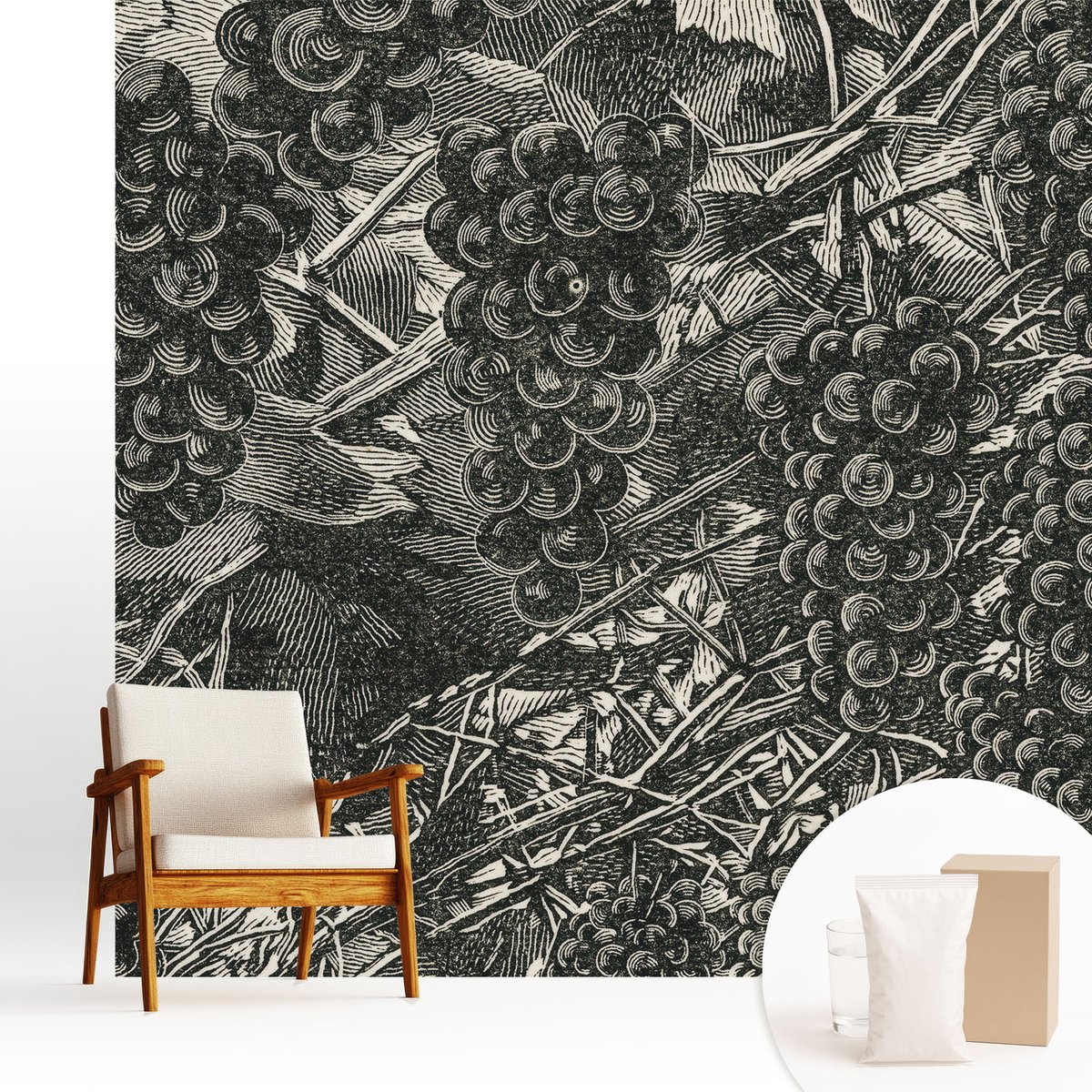 Wallfluent Fotobehang - Zwart-Wit Vliesbehang - 250x250 cm - Druivenafdruk Fotobehang Vlies - Hal behang Bloemen En Planten - Muurschildering - Woonkamer behang