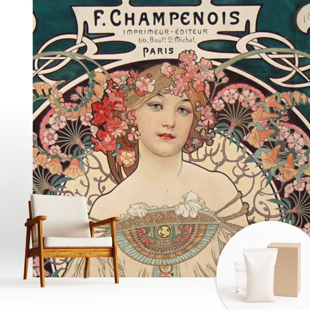 Wallfluent Fotobehang - Grijs Vliesbehang - 250x250 cm - Bloemsymmetrie Muurschildering - Slaapkamer behang Deel - Fotobehang Vlies - Slaapkamer behang