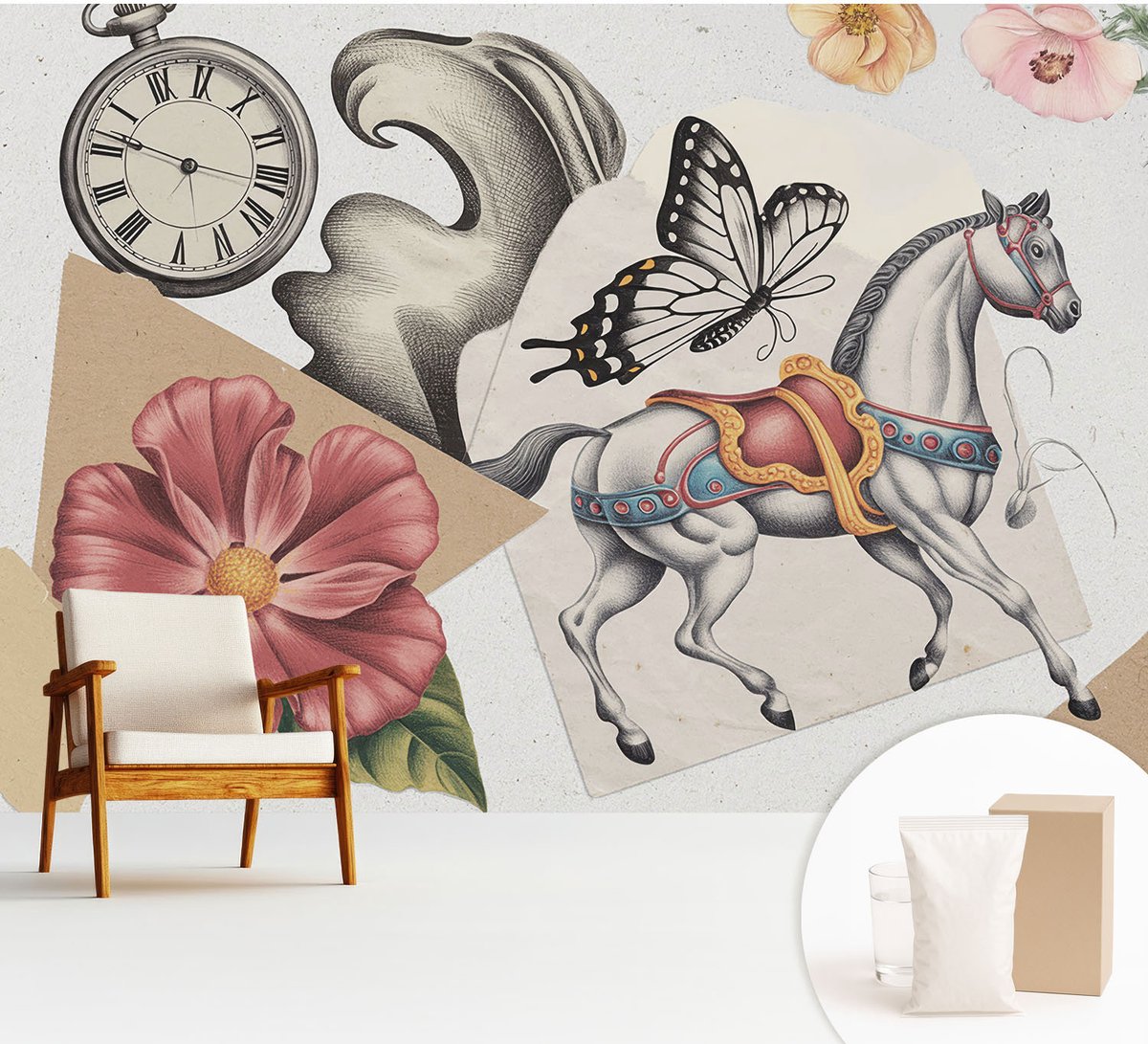Wallfluent Fotobehang - Grijs Vliesbehang - 312x219 cm - Vintage Bloemen Muurschildering - Gang behang Deel - Fotobehang Vlies - Slaapkamer behang