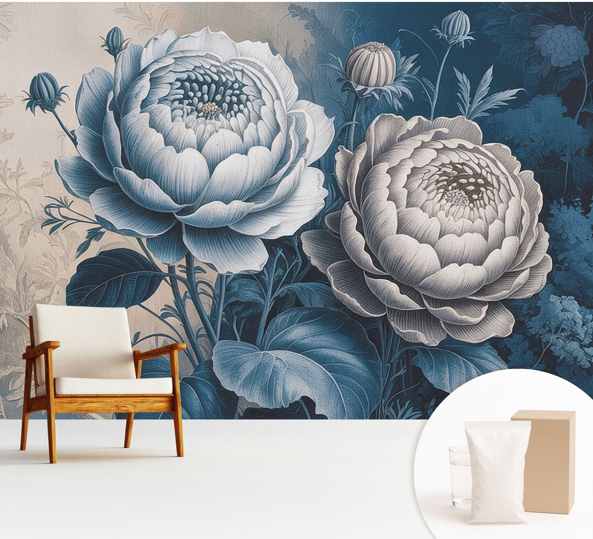 Wallfluent Fotobehang - Blauw Vliesbehang - 312x219 cm - Romantische Bloemen Fotobehang Vlies - Woonkamer behang Bloemen En Planten - Muurschildering - Woonkamer behang