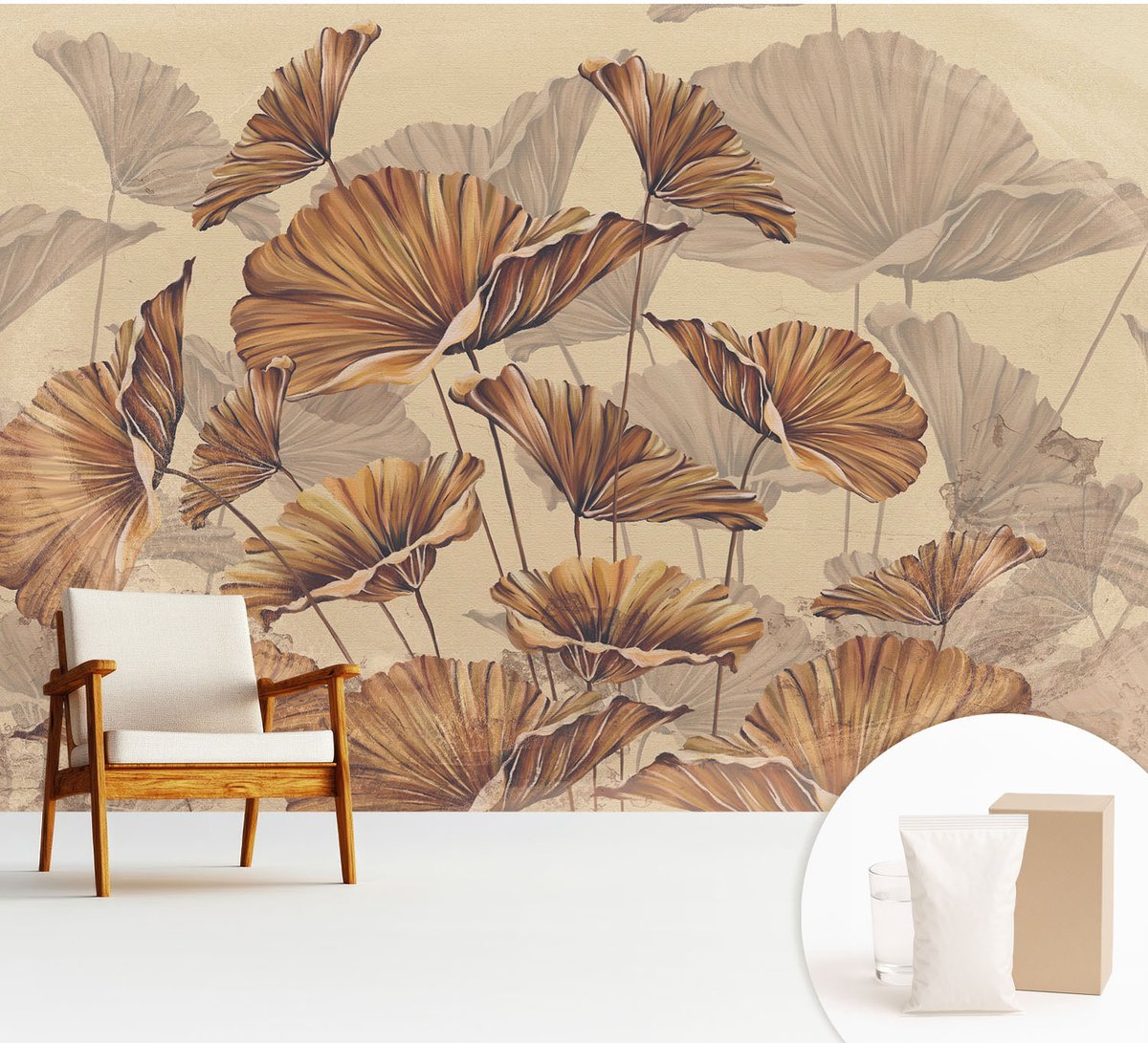 Wallfluent Fotobehang - Beige Vliesbehang - 312x219 cm - Herfstachtige Elegantie Muurschildering - Slaapkamer behang Bloemen En Planten - Fotobehang Vlies - Slaapkamer behang