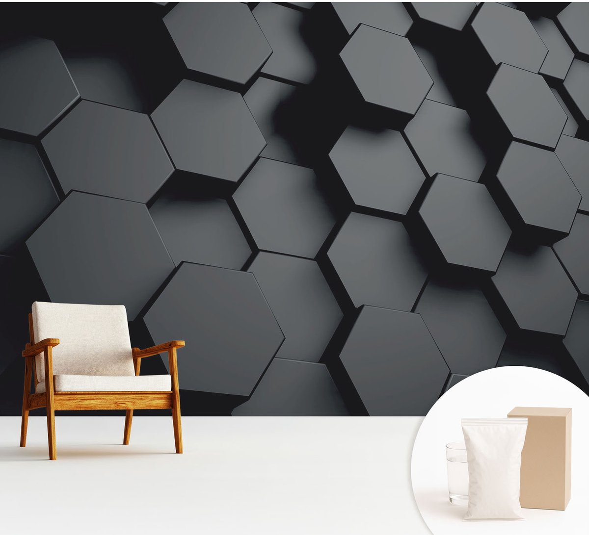 Wallfluent Fotobehang - Zwart Vliesbehang - 312x219 cm - 3D-Zeshoeken Muurschildering - Gang behang Geometrie - Fotobehang Vlies - Slaapkamer behang