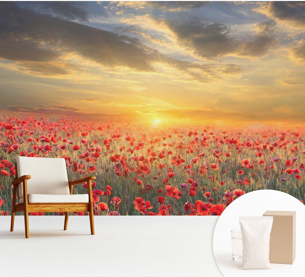 Wallfluent Fotobehang - Rood Vliesbehang - 312x219 cm - Papaverveld Muurschildering - Gang behang Bloemen En Planten - Fotobehang Vlies - Slaapkamer behang