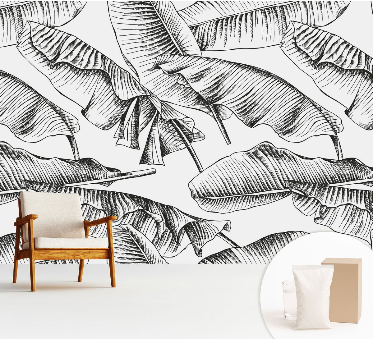 Wallfluent Fotobehang - Zwart-Wit Vliesbehang - 312x219 cm - Bananenbladeren Muurschildering - Slaapkamer behang Bloemen En Planten - Fotobehang Vlies - Slaapkamer behang