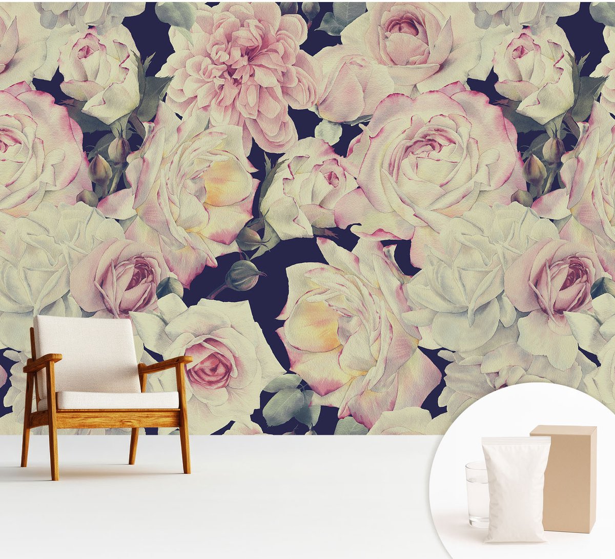 Wallfluent Fotobehang - Wit Vliesbehang - 312x219 cm - Bloemenboeket Fotobehang Vlies - Woonkamer behang Bloemen En Planten - Muurschildering - Hal behang
