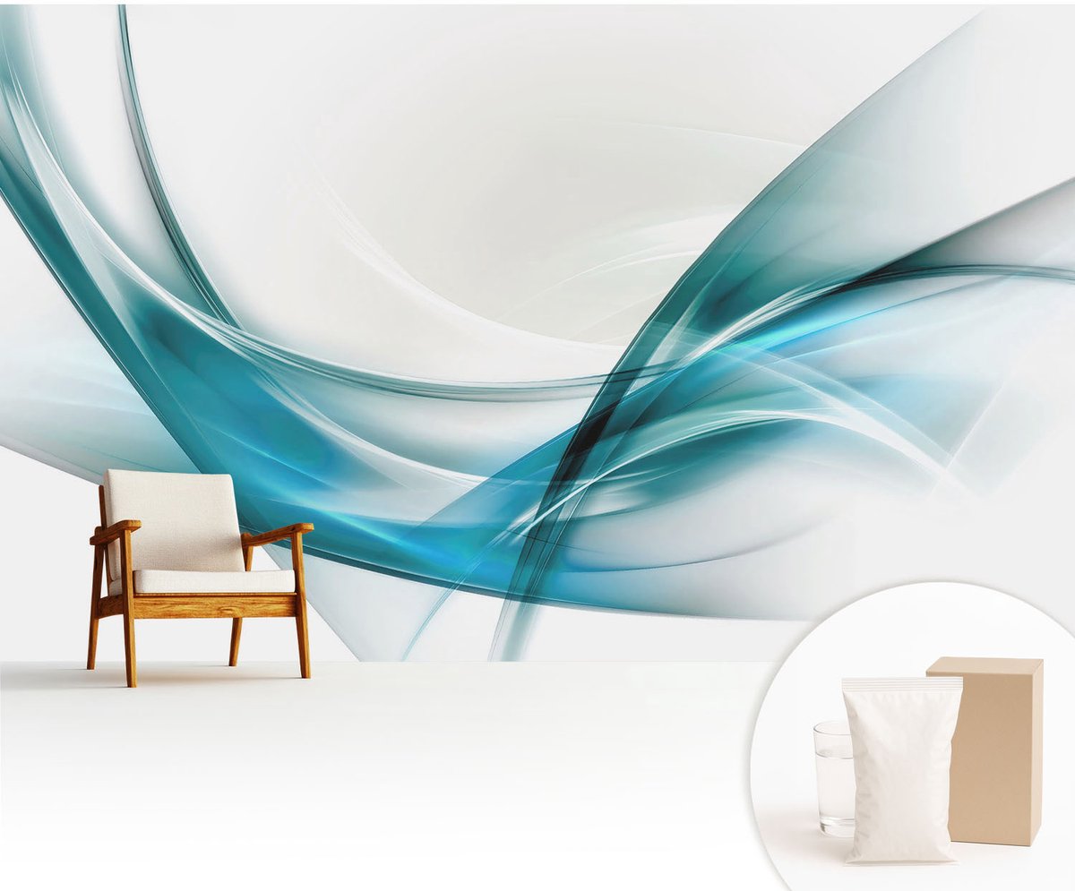 Wallfluent Fotobehang - Wit Vliesbehang - 416x254 cm - Blauwe Golven Fotobehang Vlies - Woonkamer behang Abstractie - Muurschildering - Woonkamer behang