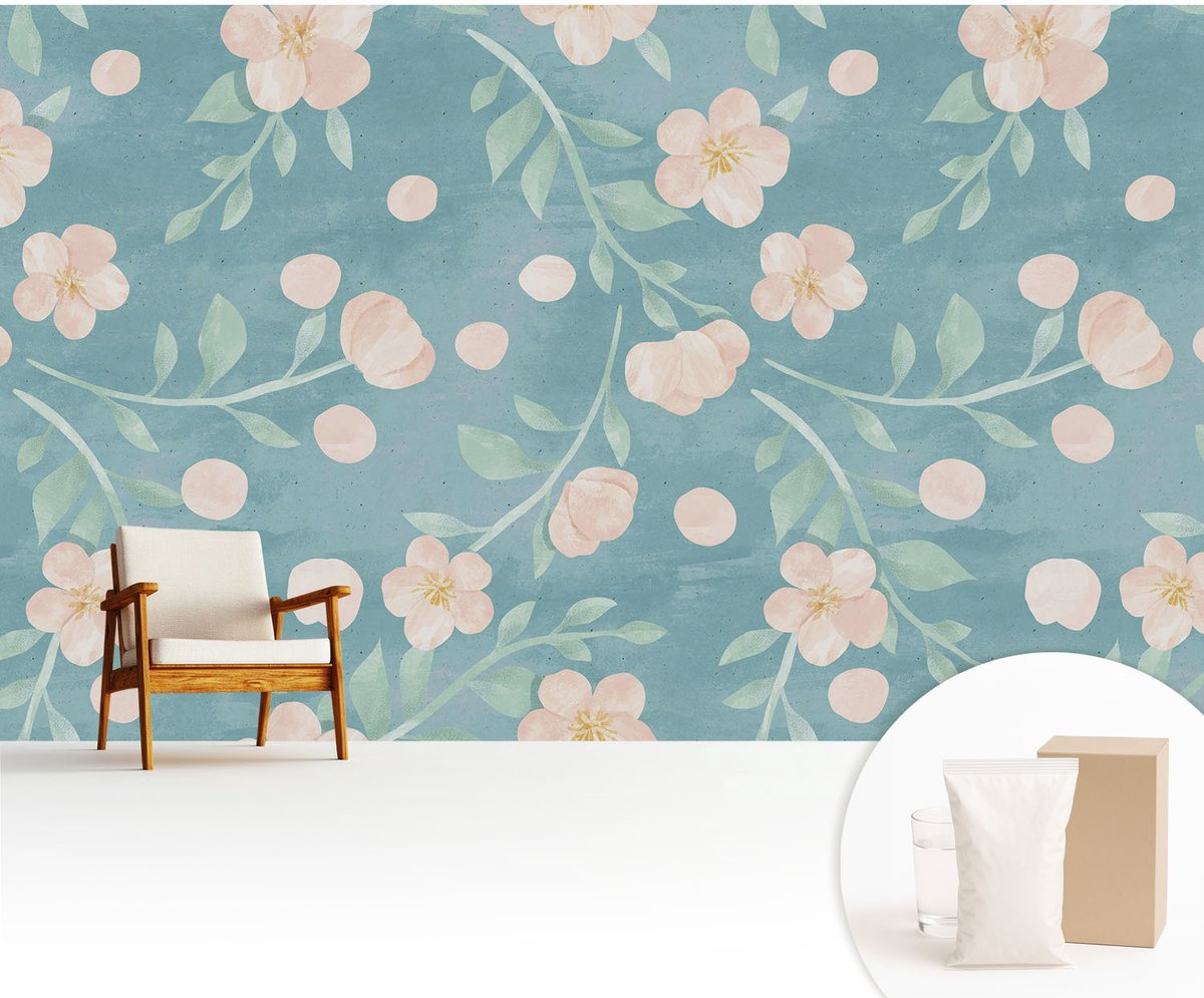 Wallfluent Fotobehang - Blauw Vliesbehang - 416x254 cm - Bloemige Elegantie Fotobehang Vlies - Woonkamer behang Bloemen En Planten - Muurschildering - Woonkamer behang