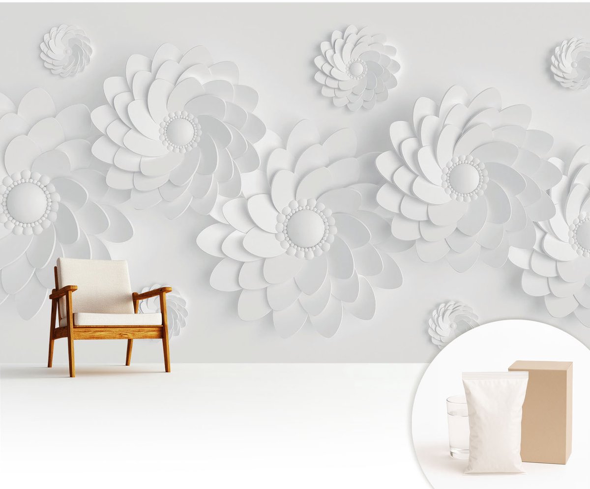 Wallfluent Fotobehang - Wit Vliesbehang - 416x254 cm - Bloemige Elegantie Muurschildering - Gang behang Bloemen En Planten - Fotobehang Vlies - Slaapkamer behang