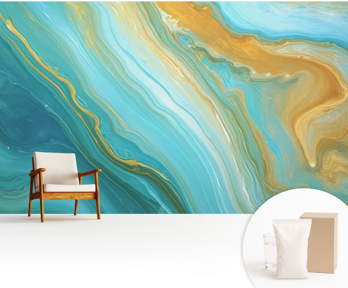 Wallfluent Fotobehang - Blauw Vliesbehang - 416x254 cm - Abstracte Golven Fotobehang Vlies - Woonkamer behang Abstractie - Muurschildering - Woonkamer behang