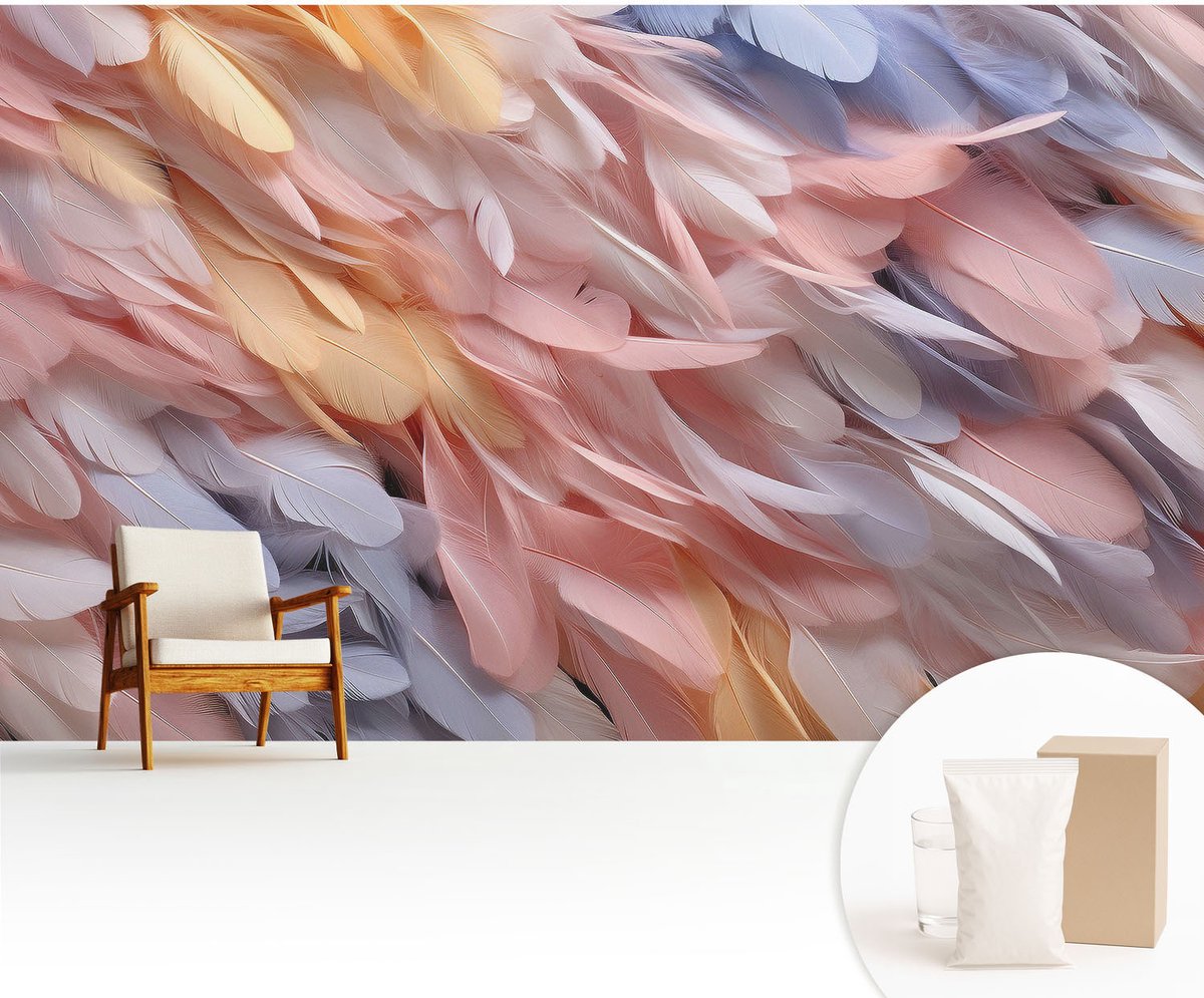 Wallfluent Fotobehang - Roze Vliesbehang - 416x254 cm - Pastelkleurige Veren Muurschildering - Slaapkamer behang Texturen - Fotobehang Vlies - Slaapkamer behang