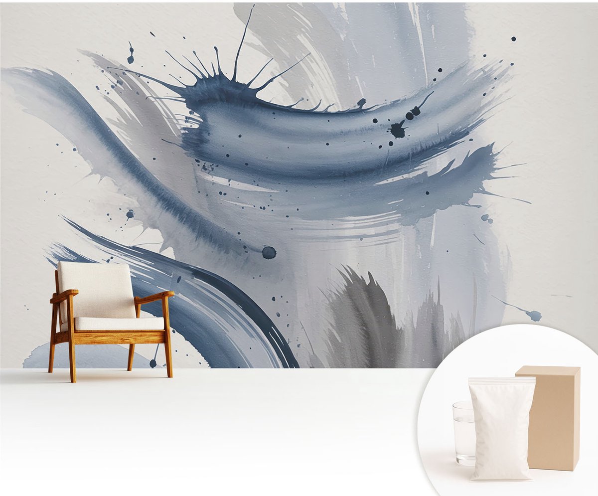Wallfluent Fotobehang - Blauw Vliesbehang - 416x254 cm - Artistieke Penseelstreken Muurschildering - Gang behang Abstractie - Fotobehang Vlies - Slaapkamer behang