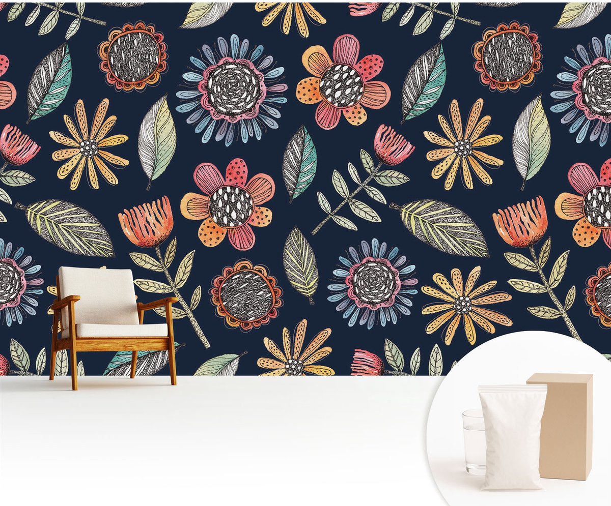 Wallfluent Fotobehang - Marine Vliesbehang - 416x254 cm - Bloemenmozaïek Muurschildering - Slaapkamer behang Bloemen En Planten - Fotobehang Vlies - Gang behang