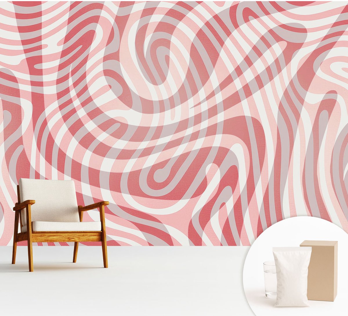 Wallfluent Fotobehang - Rood Vliesbehang - 312x219 cm - Golvende Lijnen Fotobehang Vlies - Hal behang Abstractie - Muurschildering - Woonkamer behang