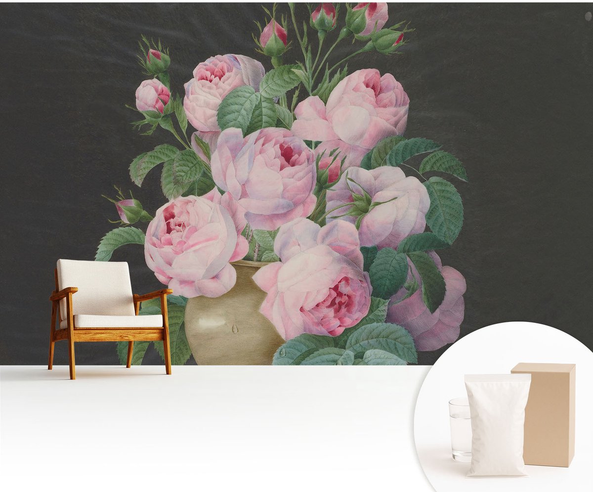 Wallfluent Fotobehang - Zwart-Wit Vliesbehang - 416x254 cm - Bloemige Elegantie Fotobehang Vlies - Woonkamer behang Bloemen En Planten - Muurschildering - Woonkamer behang