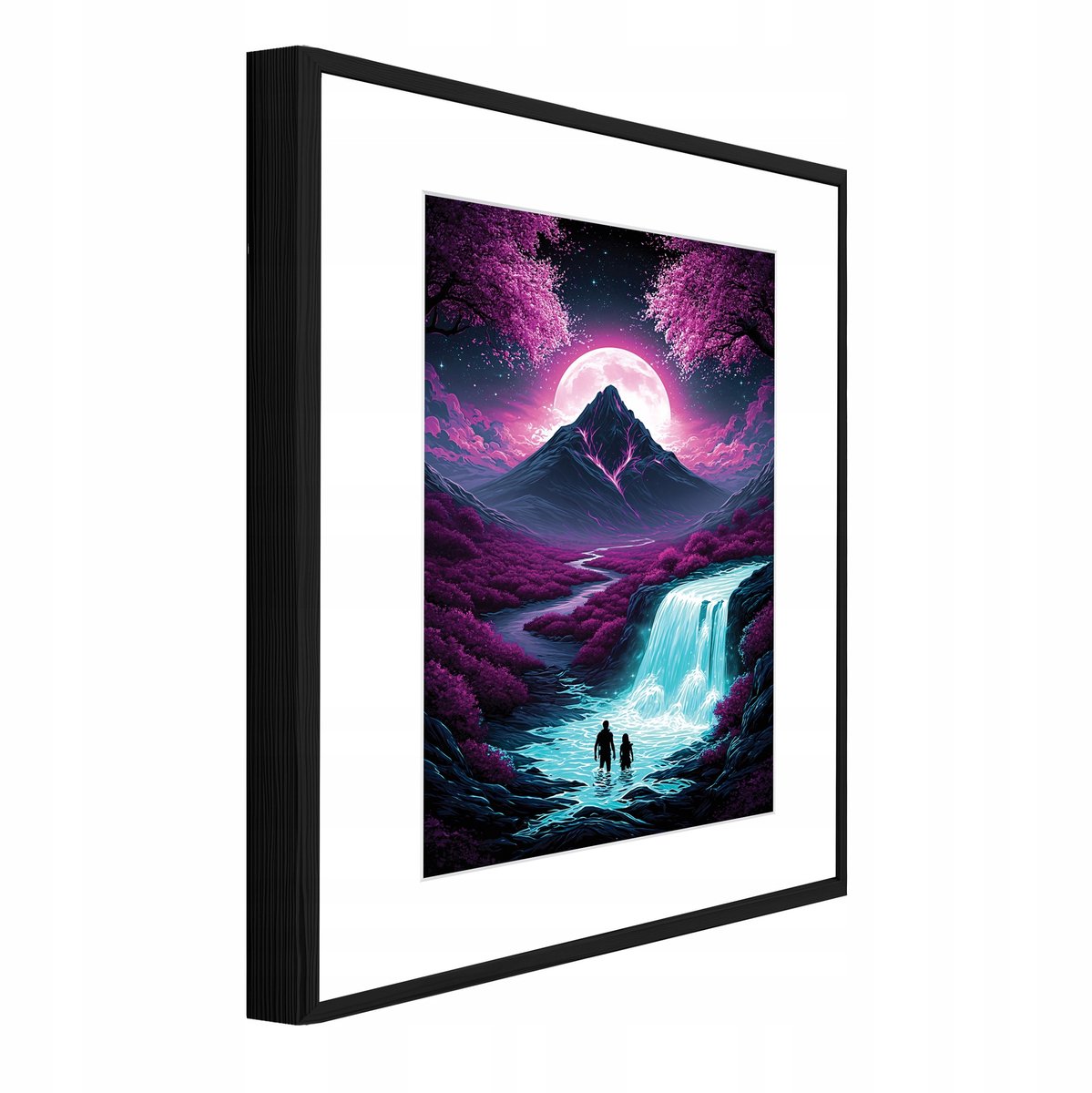WALLARENA Schilderij met reliëf en passe-partout 60x40 cm - zwarte lijst - waterval, bergen en rozen - wanddecoratie voor woonkamer en slaapkamer Paars