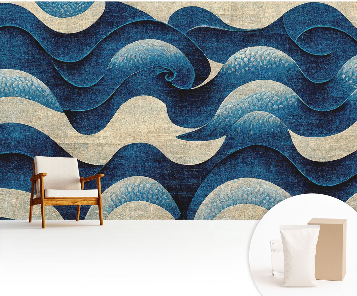 Wallfluent Fotobehang - Marine Vliesbehang - 416x254 cm - Blauwe Golven Muurschildering - Slaapkamer behang Abstractie - Fotobehang Vlies - Gang behang