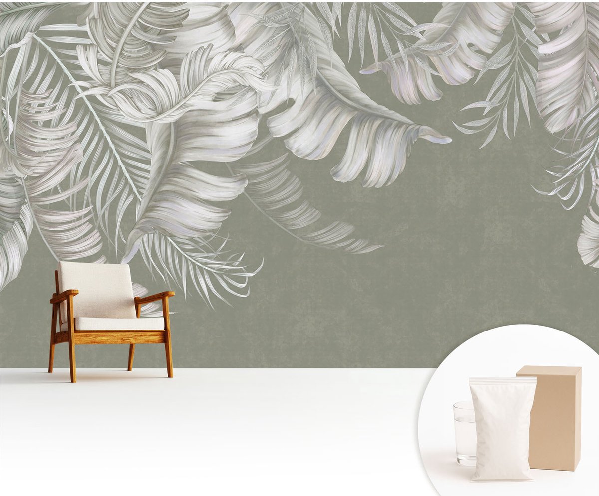 Wallfluent Fotobehang - Grijs Vliesbehang - 416x254 cm - Tere Bladeren Fotobehang Vlies - Hal behang Bloemen En Planten - Muurschildering - Woonkamer behang
