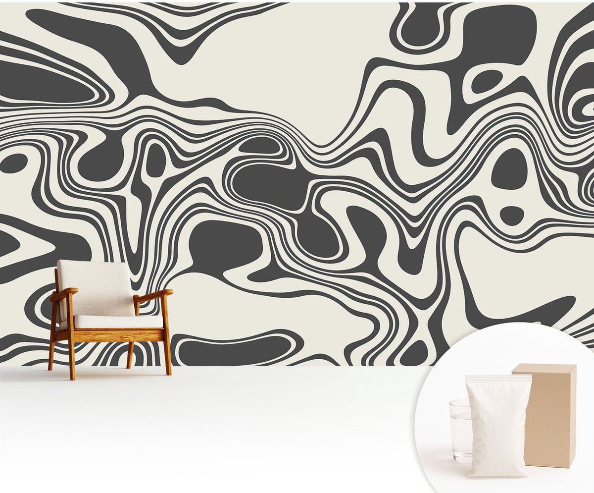 Wallfluent Fotobehang - Zwart-Wit Vliesbehang - 416x254 cm - Dynamische Lijnen Fotobehang Vlies - Woonkamer behang Abstractie - Muurschildering - Hal behang