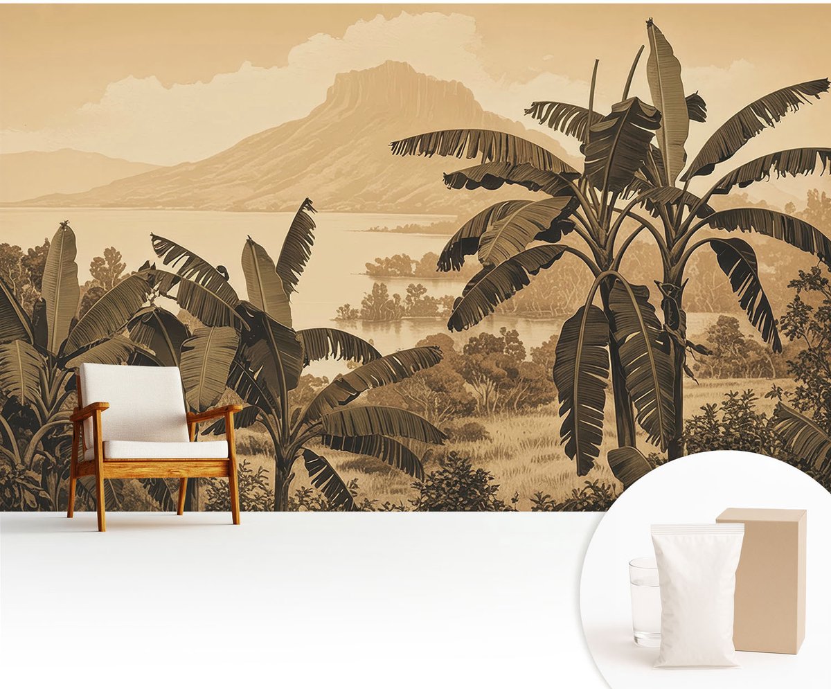 Wallfluent Fotobehang - Beige Vliesbehang - 416x254 cm - Tropisch Panorama Fotobehang Vlies - Hal behang Landschappen - Muurschildering - Woonkamer behang