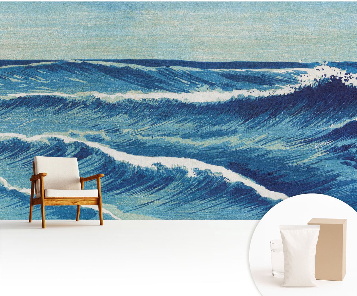 Wallfluent Fotobehang - Blauw Vliesbehang - 416x254 cm - Zeegolven Fotobehang Vlies - Woonkamer behang Landschappen - Muurschildering - Hal behang