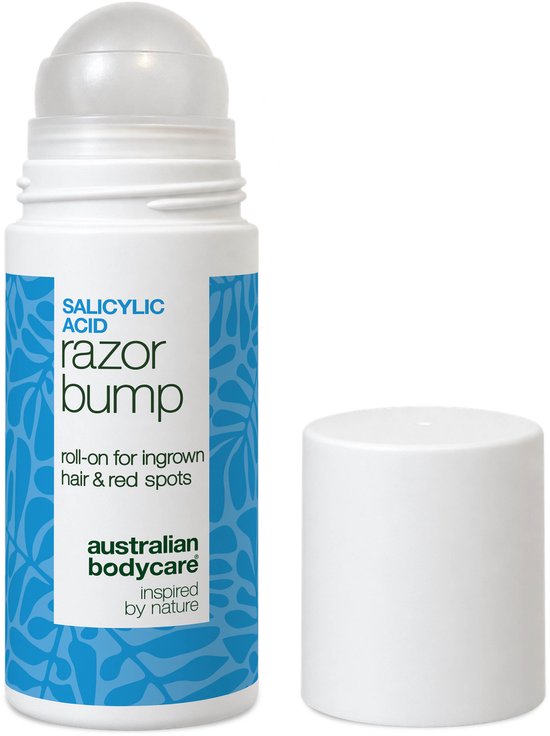 Blauw-witte roll-on met deksel ernaast. De roll-on heeft de tekst 'SALICYLIC ACID razor bump' en een blauw patroon.