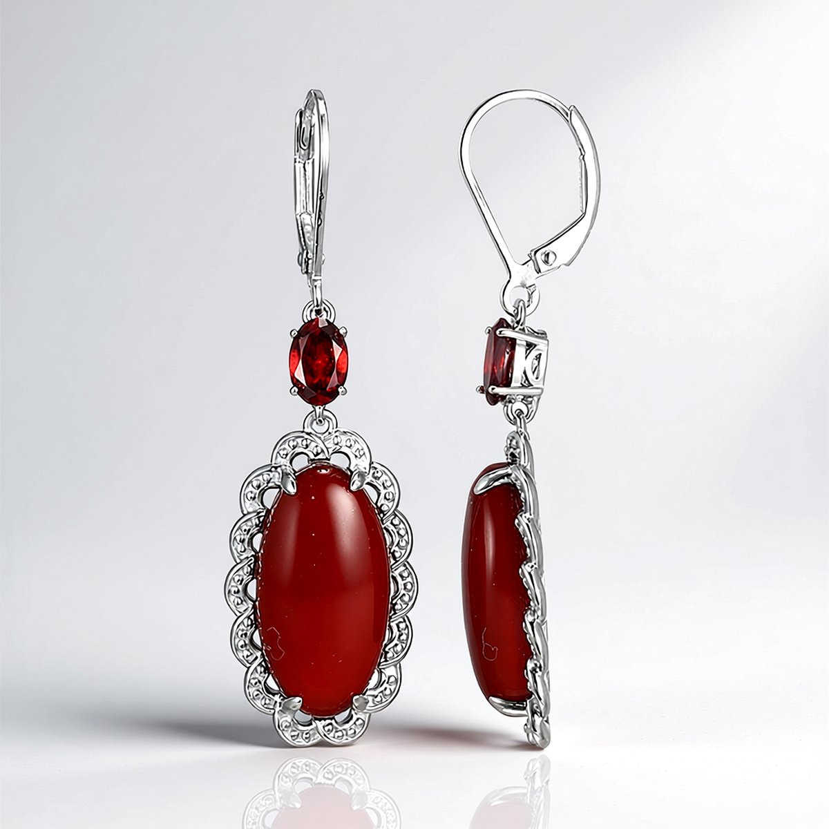 Cavill - 925 Sterling Zilver Oorbellen met Rode Agaat Ovaal 11,17 ct & Mozambikaanse Granaat 0,79 ct - Elegante Edelsteen Oorbellen