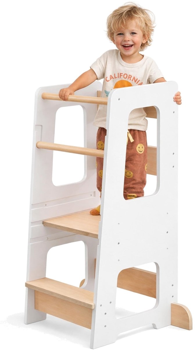 Leertoren - Verstelbare Montessori Keukentoren met Dubbele Veiligheidsbeugel, Antislip en 3 Hoogtes, Wit