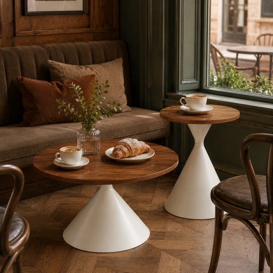 Ronde salontafel met walnoothouten blad en crèmewitte conische voet, in een cafésetting met croissant.