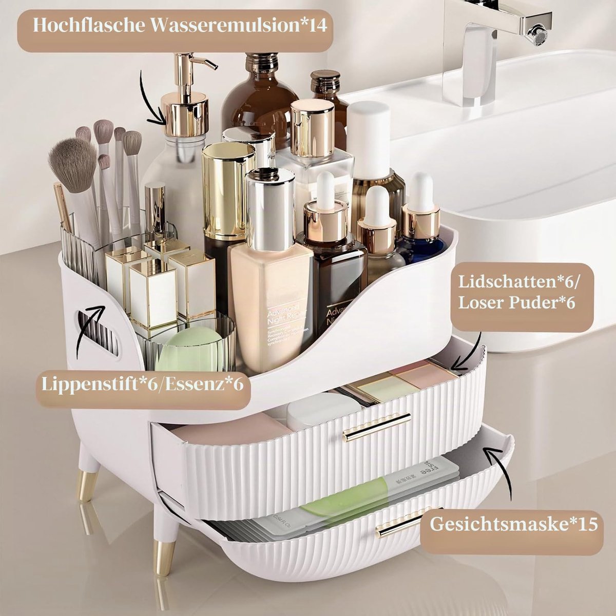Make-uporganizer met lades, grote cosmetica-opbergbox voor de kaptafel, cosmetica-display met handvat voor slaapkamer, badkamer en kaptafel (wit)