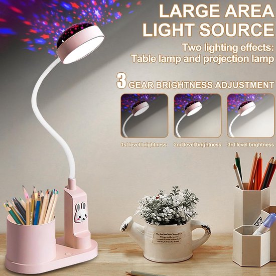 Dimbare LED Tafel Lamp voor Kinderen met Penhouder en Sterrenprojectie, Oplaadbare Leeslamp met 360° Verstelbare Hals in Roze — afbeelding 2