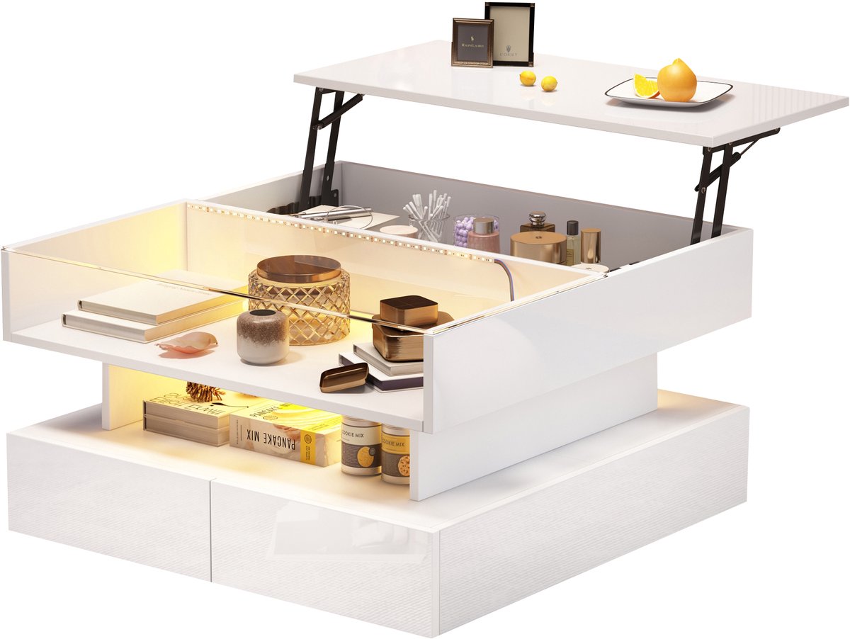 MUVANO Salontafel In Hoogte Verstelbaar - Witte Salontafel Hoogglans - Salontafel Met Lades - 80x80x45cm - Met Verborgen Opbergruimte - Woonkamer Wit