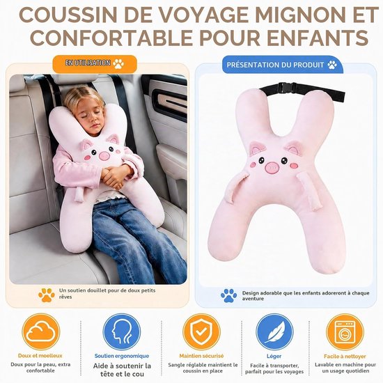 Kinderautoslaapkussen - Autokussen voor kinderen -Autostoelkussen - Hoofdsteun voor in de auto - Kinderkussen - Slaapkussen - H-vormig nekkussen voor op reis - Reiskussen - voor auto- en vliegtuigreizen - roze — afbeelding 2