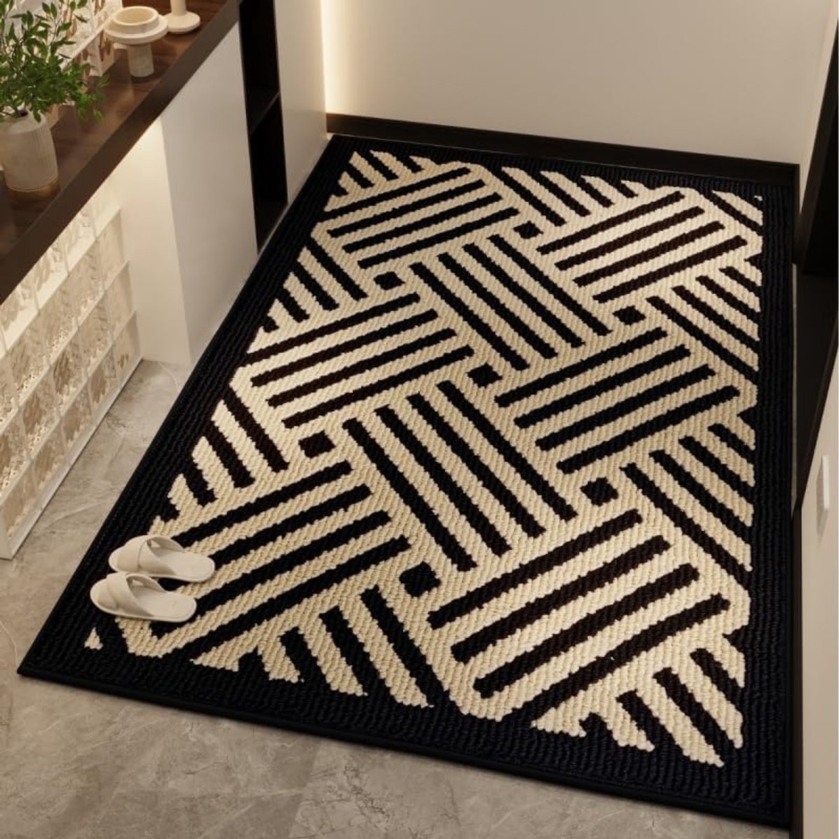 Voordekmat voor binnen, 61 x 91,44 cm zwart-wit golfdekmat Welkomstmat voor binnen/buiten, laag dunne interieur tapijt voor ingang, terras