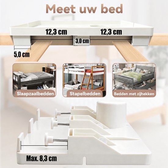 Meet uw bed: past op bedden tot 8,3 cm breed. Ook voor stapelbedden en bedden met zijhekken.