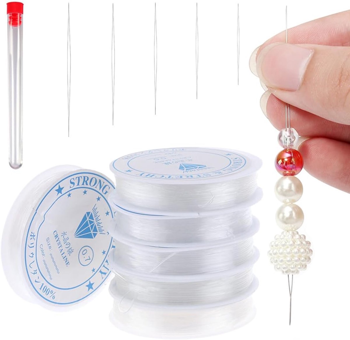 Set van 6 Elastische Draadarmbanden met 6 Parelnaalden voor Creatieve Handwerkprojecten en DIY Sieraden