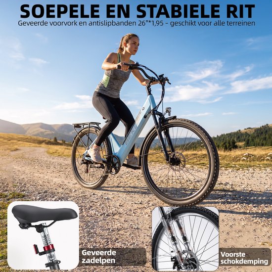 28 inch Elektrische stadsfiets - Comfortabele stadsfiets - 522Wh lange actieradius accu - 250W achterwielmotor - 45Nm koppel - Shimano 7 versnellingen - Schijfremmen voor en achter - LCD-display - Geveerde zadelpen - Blauw — afbeelding 3