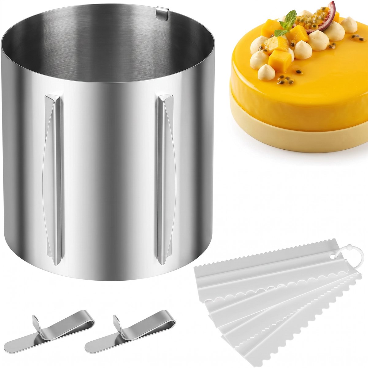 Verstelbare taartring set - 20 cm hoog en Ø 16–30 cm, RVS bakring met schaalverdeling, 2 bevestigingsclips en 4 taartscrapers voor hoge taarten en mousse - Zilver