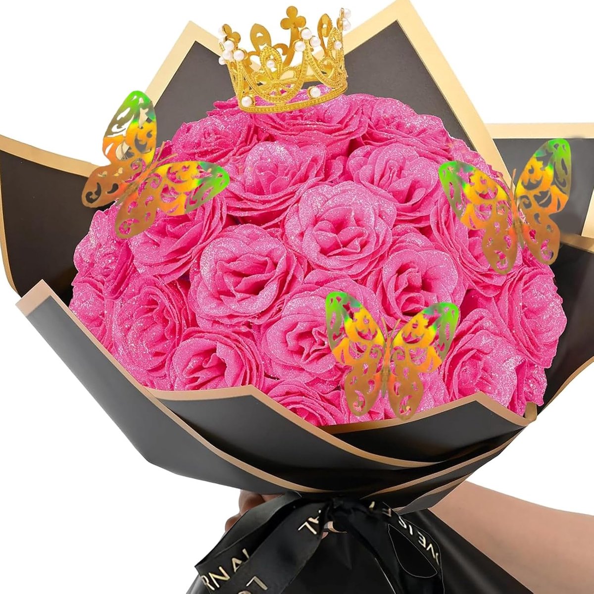 HhBdy 24 Pieces Glitter Rose Bouquet, Artificial Roses with Crown, Flower Bouquet, Artificial Roses for Valentine's - ShopVlot