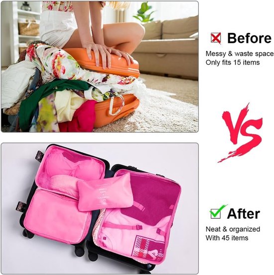 Compressie Inpak Cubes Set van 8 Stuks voor Reisorganizers en Koffers - Ideaal voor Kleding en Bagage, Roze Rood — afbeelding 3