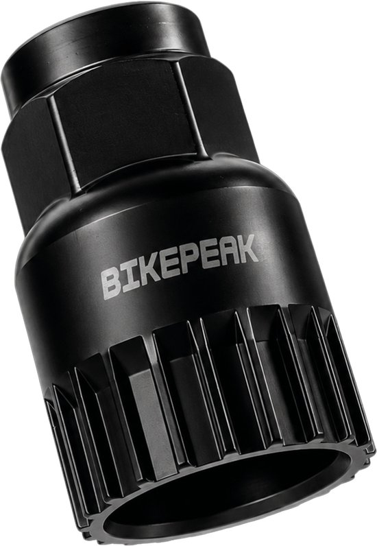 Een zwarte BIKEPEAK trapas tool met 16 groeven en een zeskantige top.