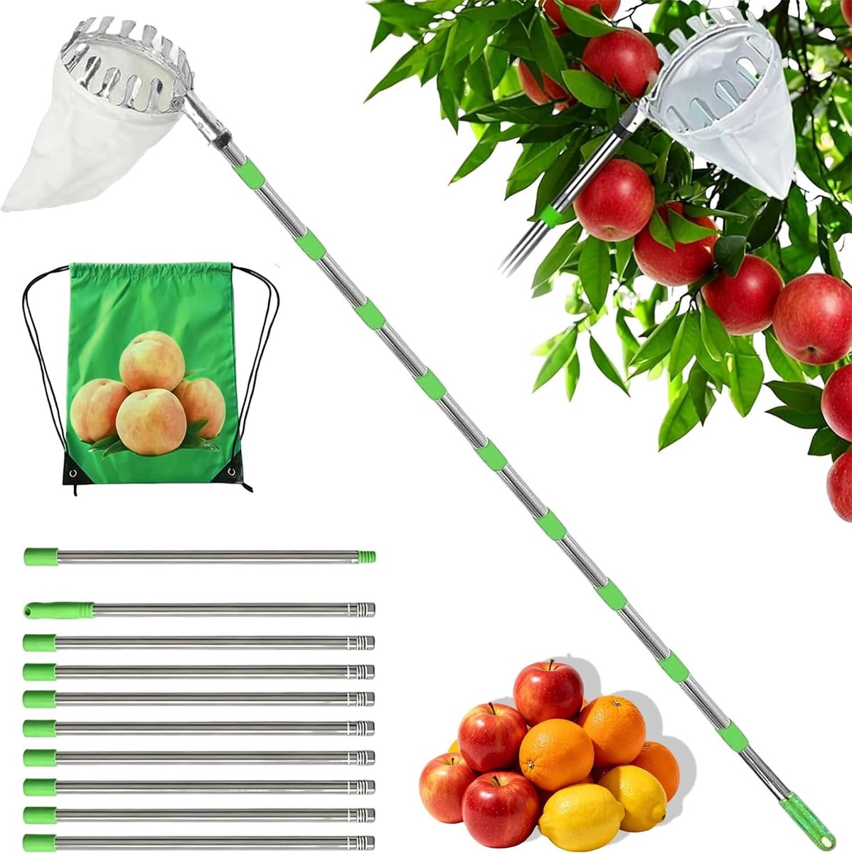 Fruitplukker met telescoopsteel, roestvrijstalen appelplukker met opvangzak, fruitverzamelaar, uittrekbaar, voor appel, fruitverzamelaar, plukhulp, roestvrijstalen fruitverzamelaar