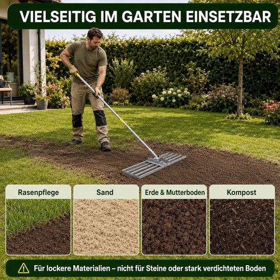 Egaliseerhark 76 x 25 cm met 213 cm Steel, Gazon Nivelleer Gereedschap voor Grond en Gras, Geschikt voor Zand, Aarde en Topdressing, Stevig en Duurzaam Tuingereedschap — afbeelding 3