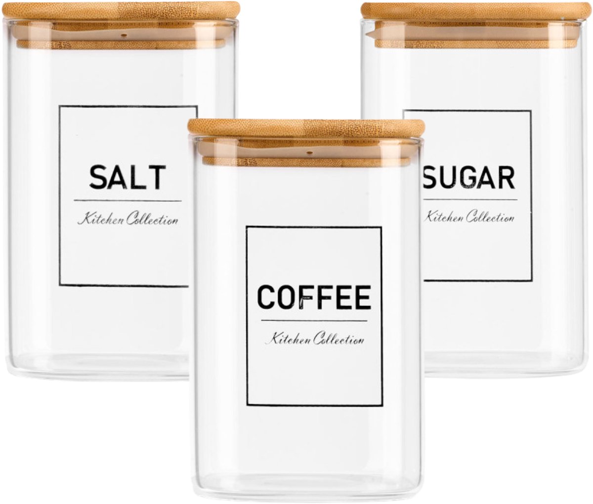 Vivalto Voorraadpot Essentials - 3delig set - keuken - zout / suiker / koffie - glas - 1,2 L
