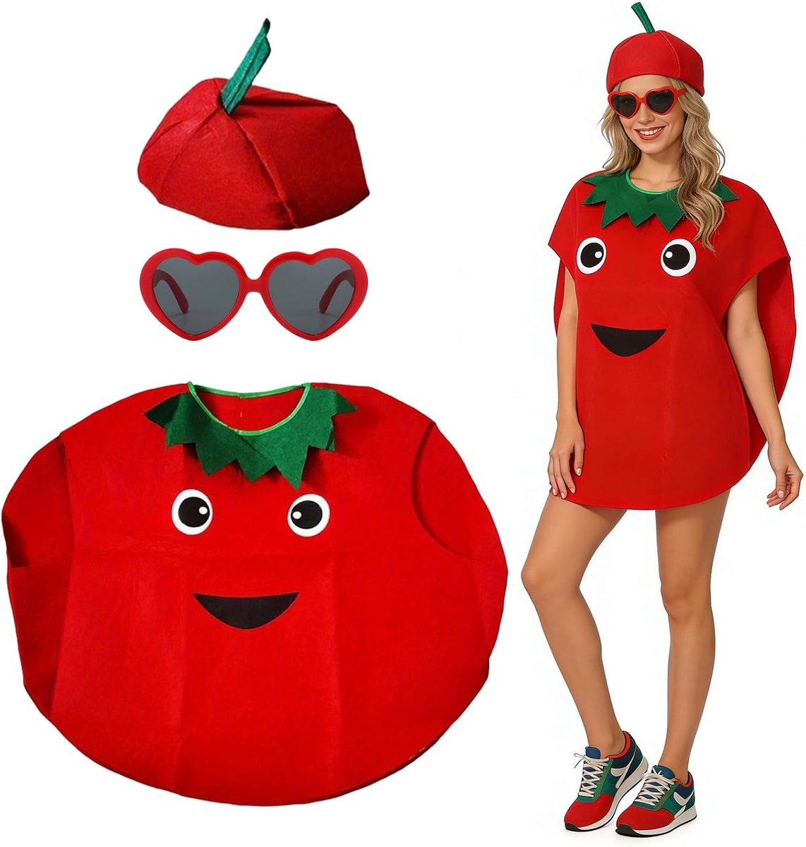 Tomatenkostuum voor volwassenen, grappig fruitkostuum, licht en comfortabel, kostuum voor volwassenen, hoed, jurk en bril, voor Halloween, themafeesten, cosplay en grappige evenementen