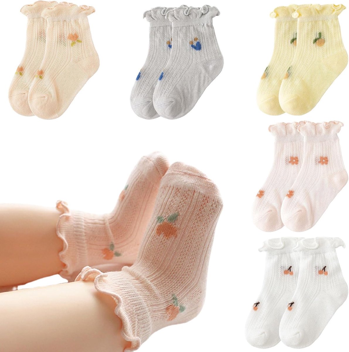 Babysokken voor meisjes, 5 paar kindersokken met ruches, schattige ademende sokken voor pasgeborenen, peuters, meisjes, kinderen