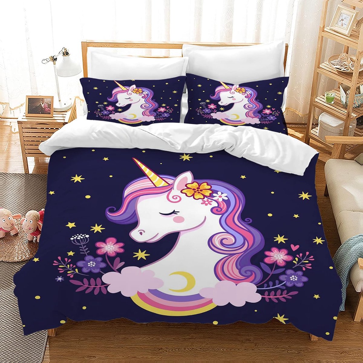 Beddengoedset voor kinderen, microvezel, beddengoed, cartoon, eenhoorn, 3D-print, dekbedovertrek, 3-delig, met ritssluiting, zacht beddengoed voor meisjes (220 x 240 cm, H)