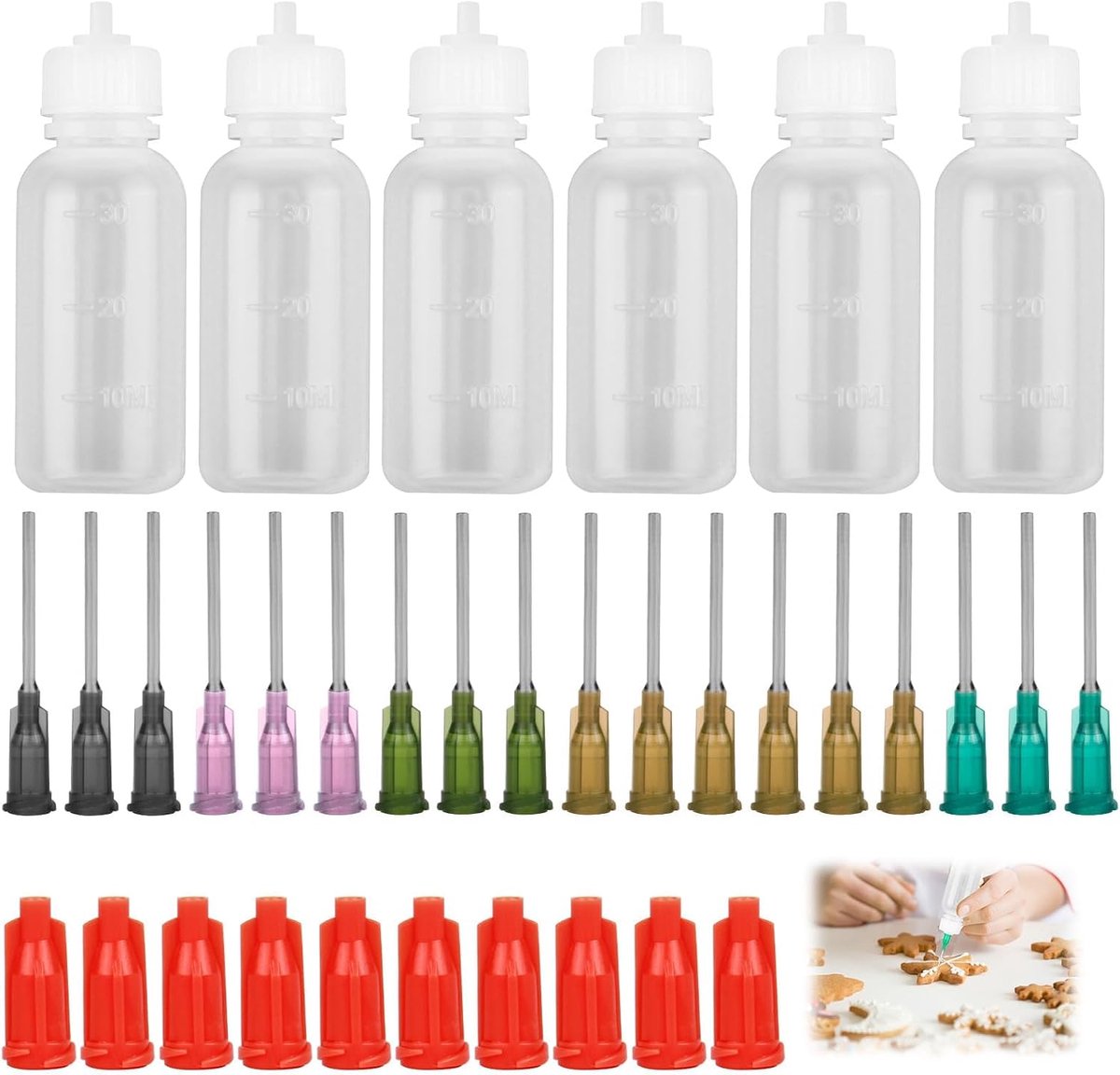 Set van 36 multifunctionele naaldflessen, 6 naaldflessen van 30 ml met 30 naaldpunten voor handwerk, quilling, schilderen en creatieve projecten